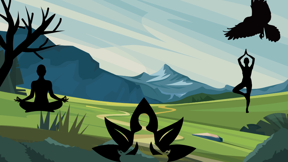 Morning yoga routine illustration with meditation, pranayama and nature for healthy body and calm mind