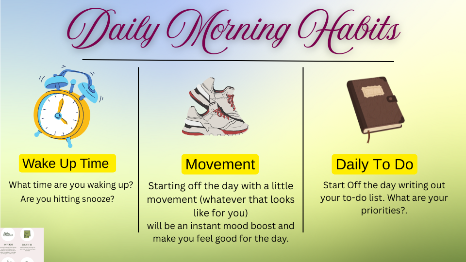 Morning routine habits including wake up time, daily movement exercise and to do list planning