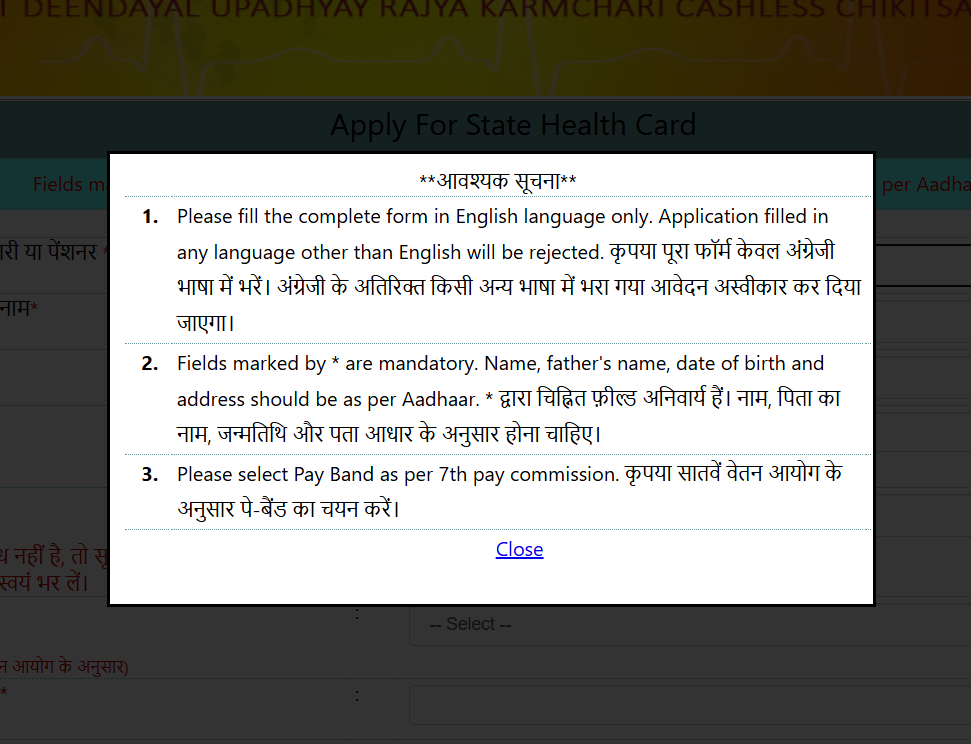 State Health Card application important instructions English language notice screenshot